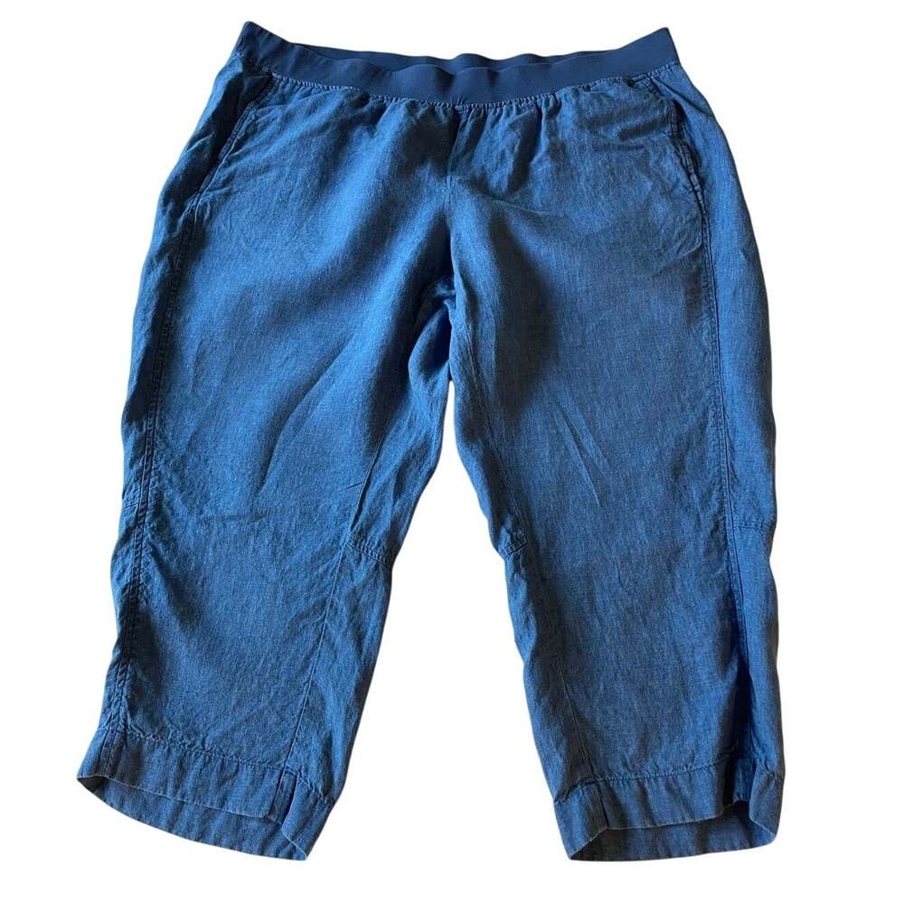 J Jill Pure Jill Indigo Blue Linen Cropped Pants 3X Pull On Elastic Waist Pocket